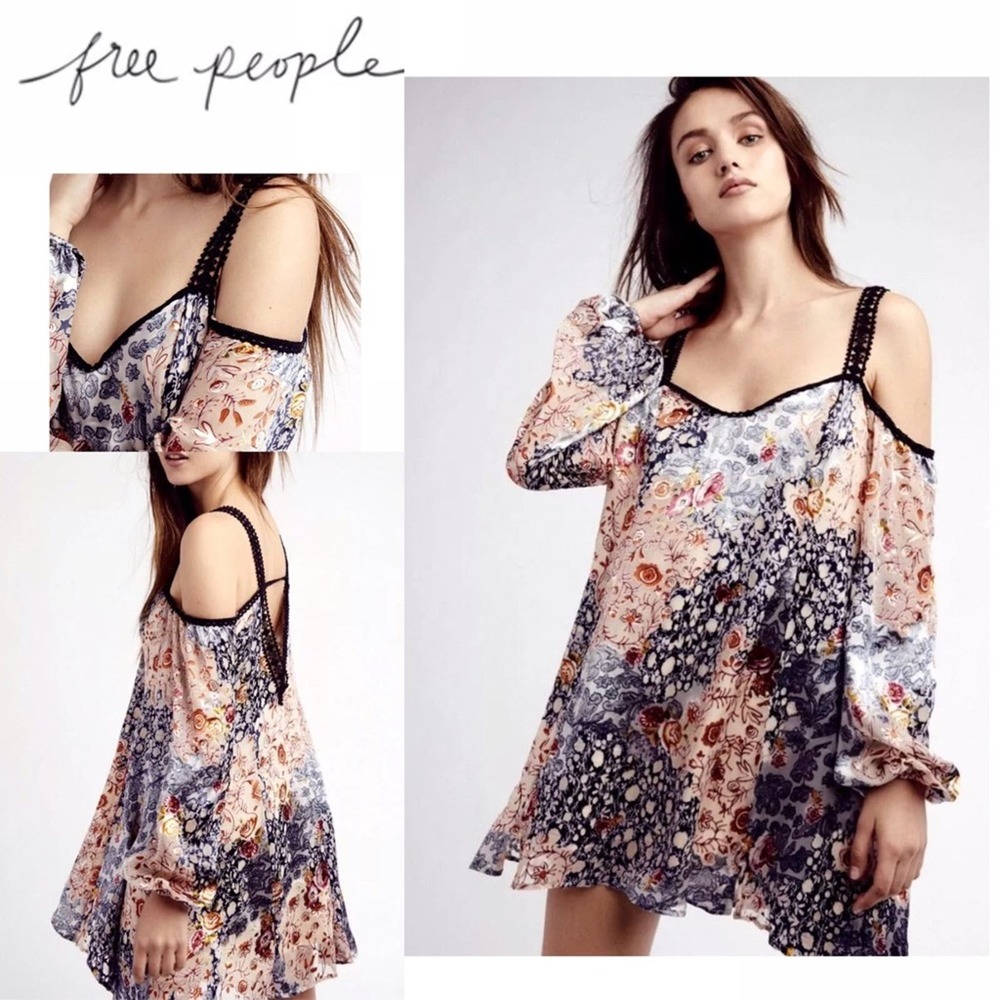 Free People | Scattered Blossom Cold Shoulder Mini Dress Burnout & Lace •